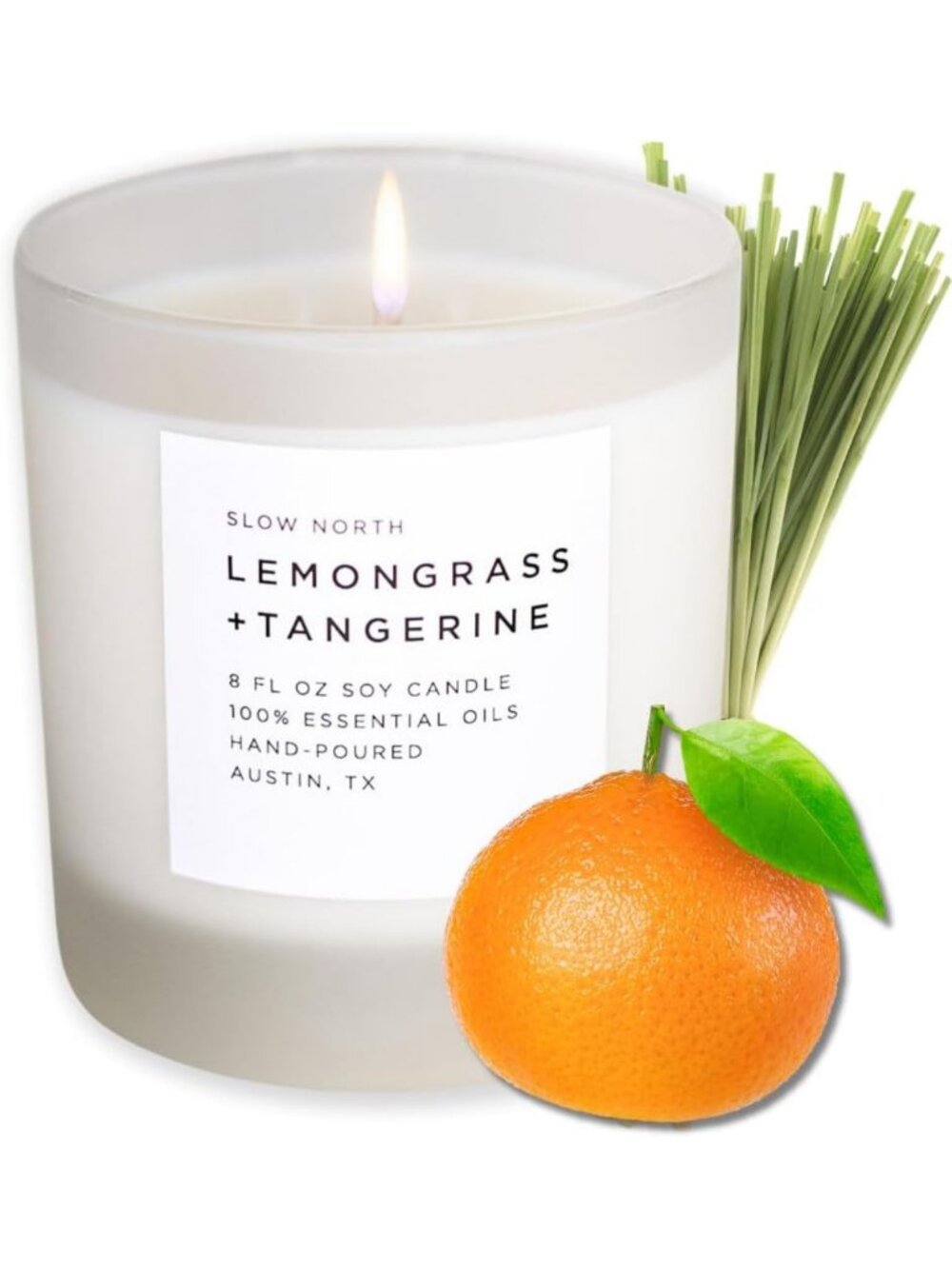Lemongrass Tangerine Scented Candle - Soy Wax, Essential Oils, Reusable Jar, 8
